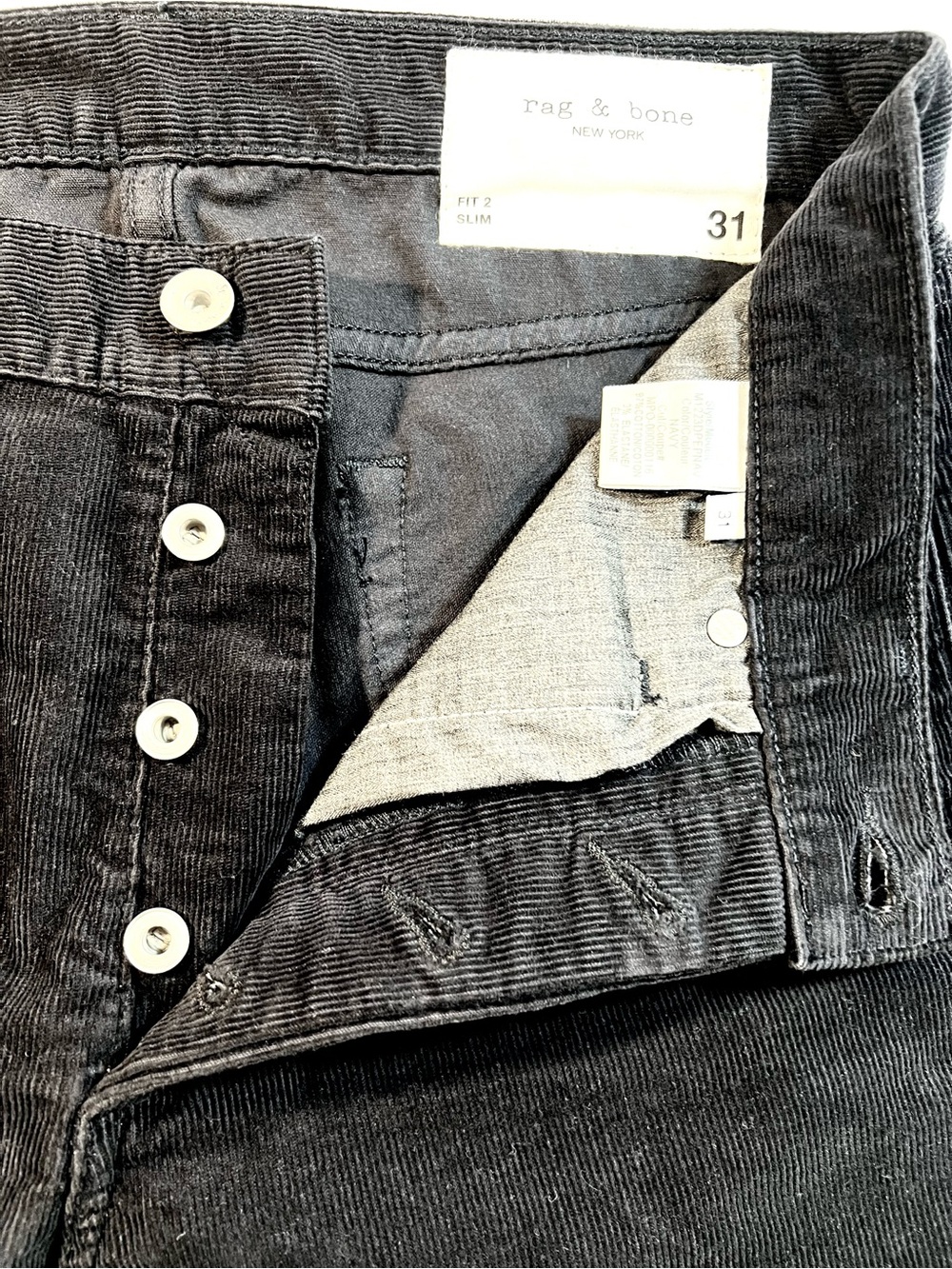 rag & bone Slim Men's Black Corduroy Button Fly Jeans Size 31 Price $98